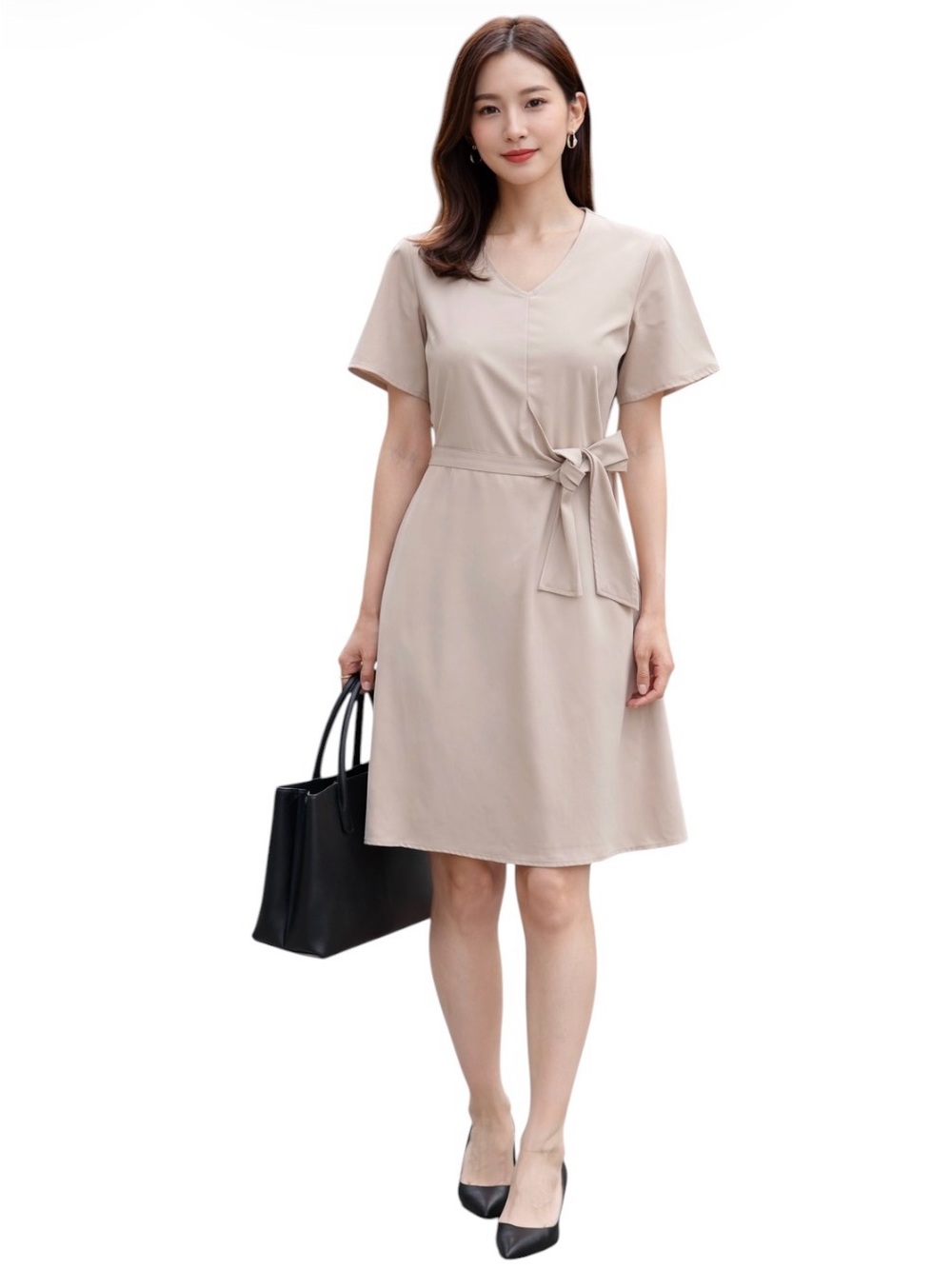 KESTAN Japanese Neutral Tie-Waist A-Line Minimalist Knee Length Dress Small NWT